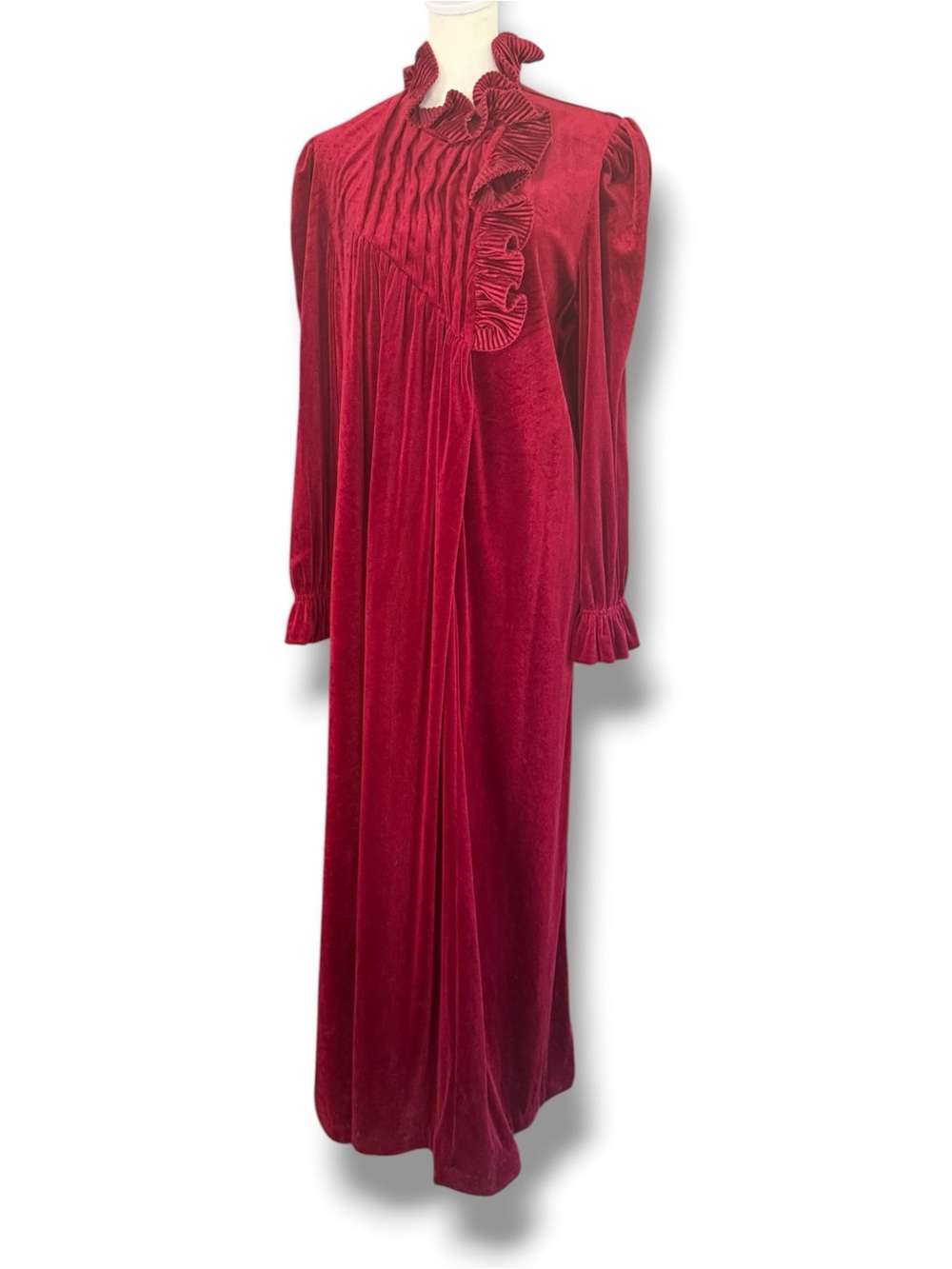 Vintage Gillian O’Malley Ruffled Collar Maroon Red Velour Robe Nightgown, Large